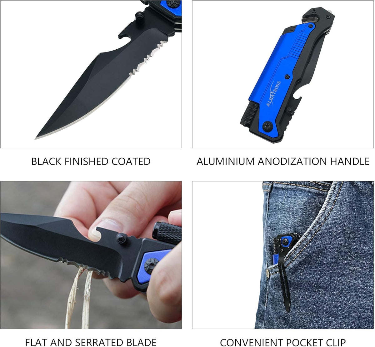 6-in-1 Survival Tactical Military Folding Pocket Knife, Black | Knives with LED Light, Seatbelt Cutter, Glass Breaker, Magnesium Fire Starter, Bottle Opener, Multi-Function Emergency Tool