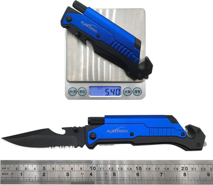 6-in-1 Survival Tactical Military Folding Pocket Knife, Black | Knives with LED Light, Seatbelt Cutter, Glass Breaker, Magnesium Fire Starter, Bottle Opener, Multi-Function Emergency Tool