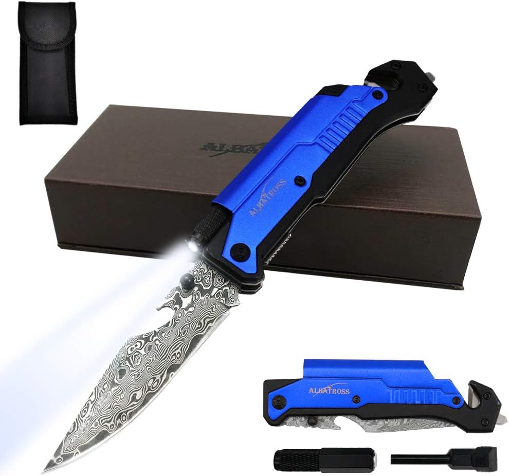 6-in-1 Survival Tactical Military Folding Pocket Knife, Black | Knives with LED Light, Seatbelt Cutter, Glass Breaker, Magnesium Fire Starter, Bottle Opener, Multi-Function Emergency Tool