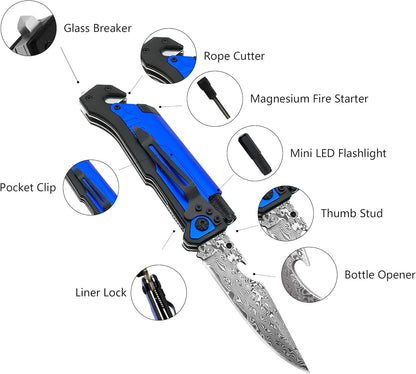 6-in-1 Survival Tactical Military Folding Pocket Knife, Black | Knives with LED Light, Seatbelt Cutter, Glass Breaker, Magnesium Fire Starter, Bottle Opener, Multi-Function Emergency Tool