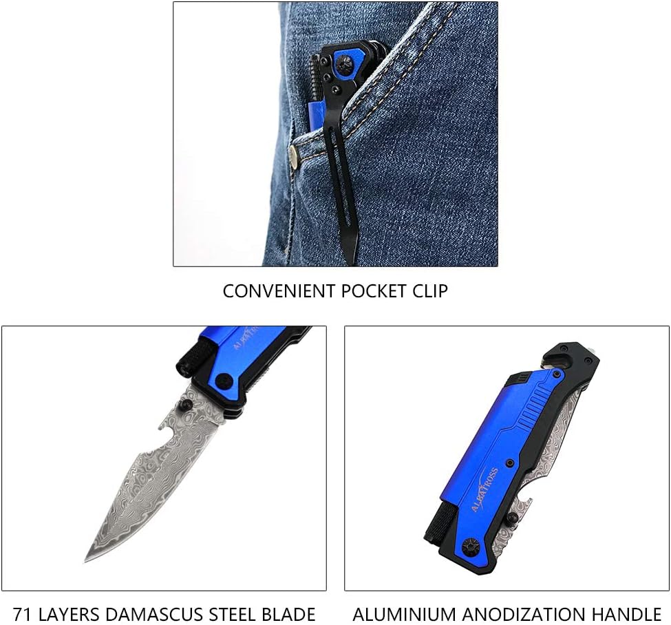 6-in-1 Survival Tactical Military Folding Pocket Knife, Black | Knives with LED Light, Seatbelt Cutter, Glass Breaker, Magnesium Fire Starter, Bottle Opener, Multi-Function Emergency Tool