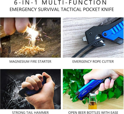6-in-1 Survival Tactical Military Folding Pocket Knife, Black | Knives with LED Light, Seatbelt Cutter, Glass Breaker, Magnesium Fire Starter, Bottle Opener, Multi-Function Emergency Tool