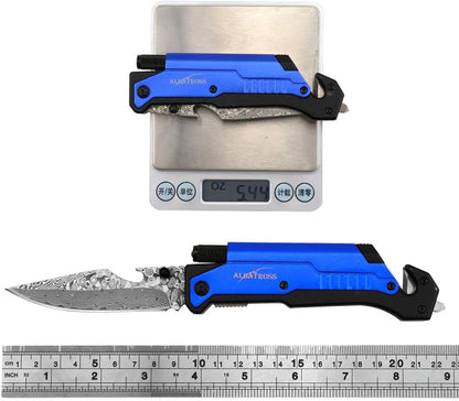 6-in-1 Survival Tactical Military Folding Pocket Knife, Black | Knives with LED Light, Seatbelt Cutter, Glass Breaker, Magnesium Fire Starter, Bottle Opener, Multi-Function Emergency Tool