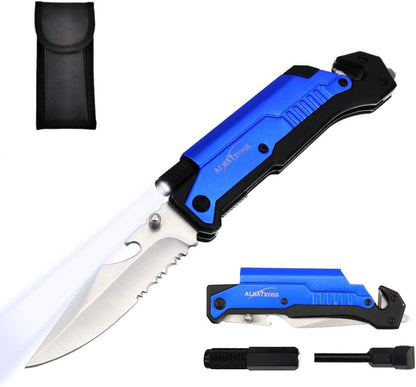6-in-1 Survival Tactical Military Folding Pocket Knife, Black | Knives with LED Light, Seatbelt Cutter, Glass Breaker, Magnesium Fire Starter, Bottle Opener, Multi-Function Emergency Tool
