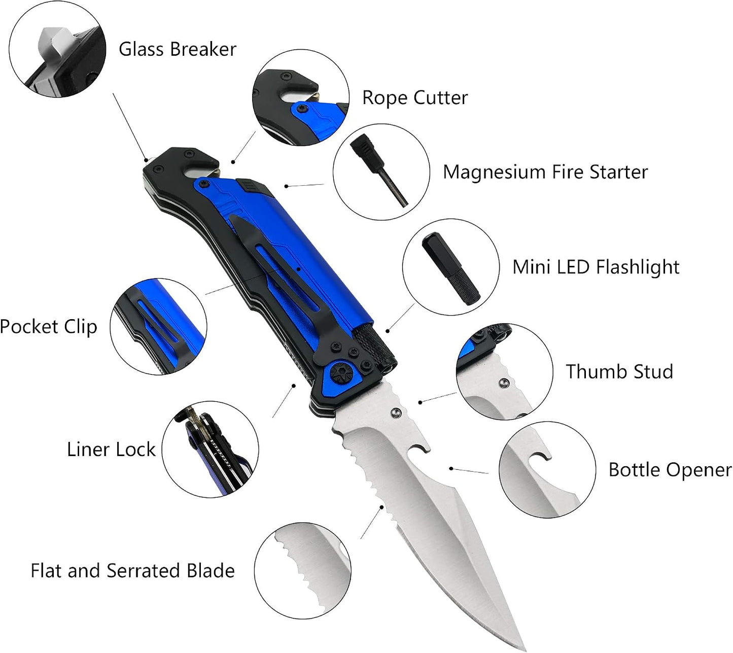 6-in-1 Survival Tactical Military Folding Pocket Knife, Black | Knives with LED Light, Seatbelt Cutter, Glass Breaker, Magnesium Fire Starter, Bottle Opener, Multi-Function Emergency Tool