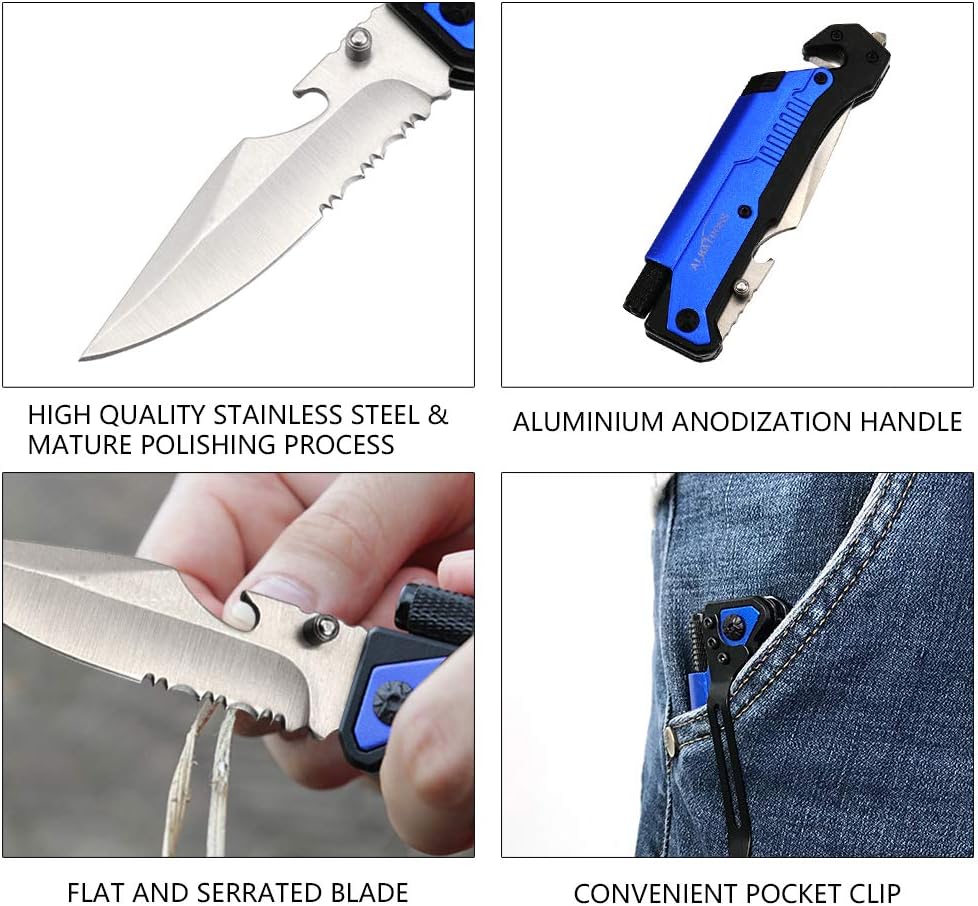6-in-1 Survival Tactical Military Folding Pocket Knife, Black | Knives with LED Light, Seatbelt Cutter, Glass Breaker, Magnesium Fire Starter, Bottle Opener, Multi-Function Emergency Tool