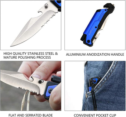 6-in-1 Survival Tactical Military Folding Pocket Knife, Black | Knives with LED Light, Seatbelt Cutter, Glass Breaker, Magnesium Fire Starter, Bottle Opener, Multi-Function Emergency Tool