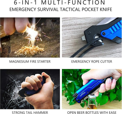 6-in-1 Survival Tactical Military Folding Pocket Knife, Black | Knives with LED Light, Seatbelt Cutter, Glass Breaker, Magnesium Fire Starter, Bottle Opener, Multi-Function Emergency Tool