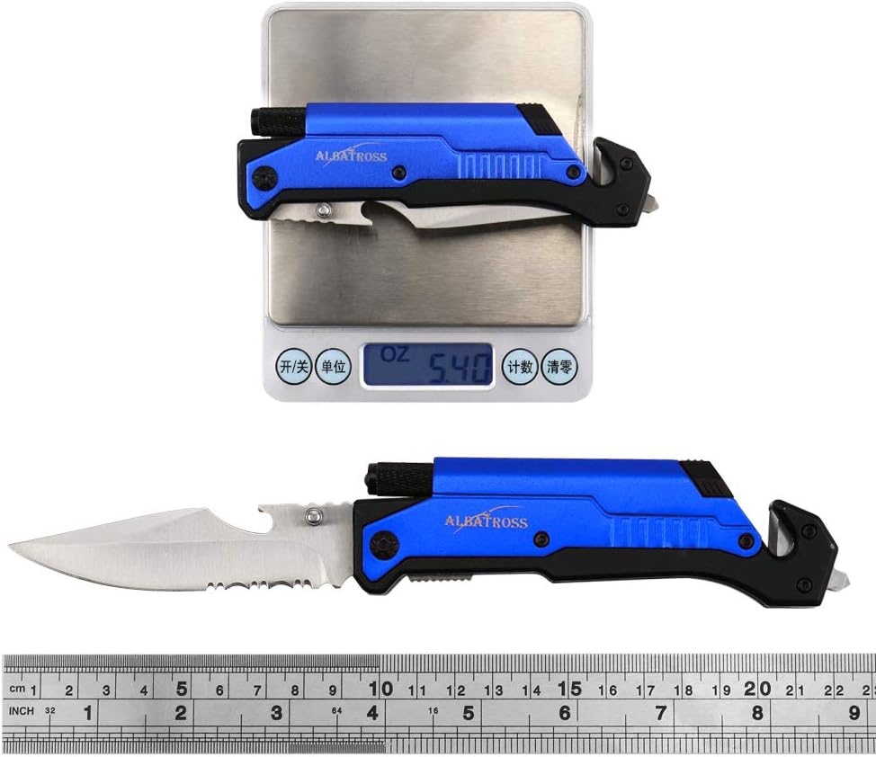 6-in-1 Survival Tactical Military Folding Pocket Knife, Black | Knives with LED Light, Seatbelt Cutter, Glass Breaker, Magnesium Fire Starter, Bottle Opener, Multi-Function Emergency Tool