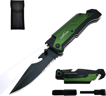 6-in-1 Survival Tactical Military Folding Pocket Knife, Black | Knives with LED Light, Seatbelt Cutter, Glass Breaker, Magnesium Fire Starter, Bottle Opener, Multi-Function Emergency Tool