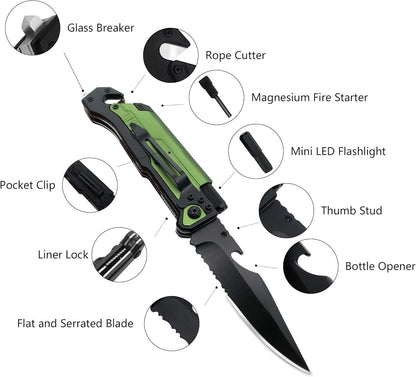 6-in-1 Survival Tactical Military Folding Pocket Knife, Black | Knives with LED Light, Seatbelt Cutter, Glass Breaker, Magnesium Fire Starter, Bottle Opener, Multi-Function Emergency Tool