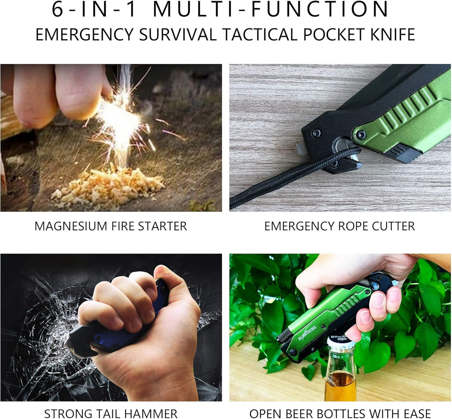 6-in-1 Survival Tactical Military Folding Pocket Knife, Black | Knives with LED Light, Seatbelt Cutter, Glass Breaker, Magnesium Fire Starter, Bottle Opener, Multi-Function Emergency Tool