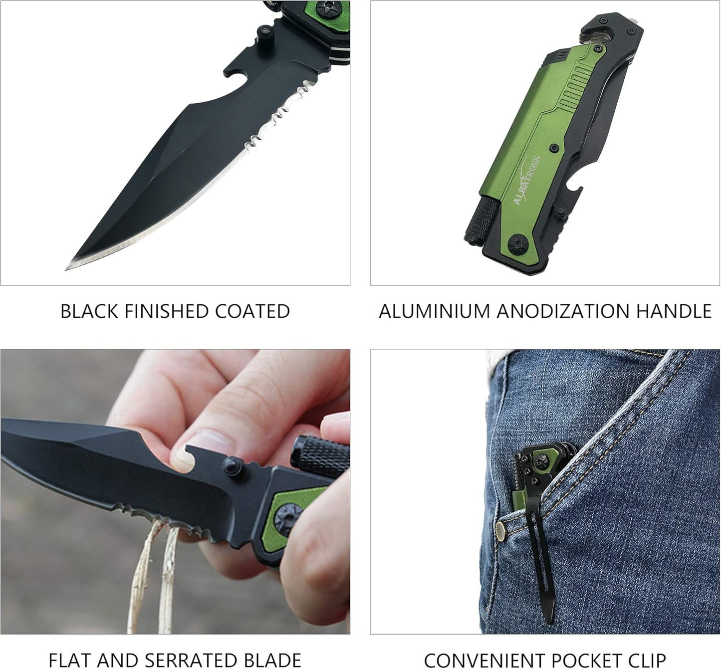 6-in-1 Survival Tactical Military Folding Pocket Knife, Black | Knives with LED Light, Seatbelt Cutter, Glass Breaker, Magnesium Fire Starter, Bottle Opener, Multi-Function Emergency Tool