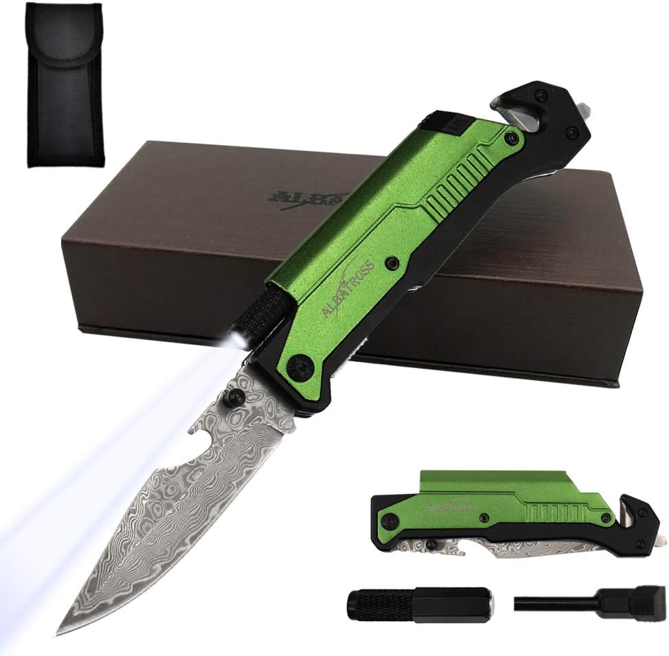 6-in-1 Survival Tactical Military Folding Pocket Knife, Black | Knives with LED Light, Seatbelt Cutter, Glass Breaker, Magnesium Fire Starter, Bottle Opener, Multi-Function Emergency Tool