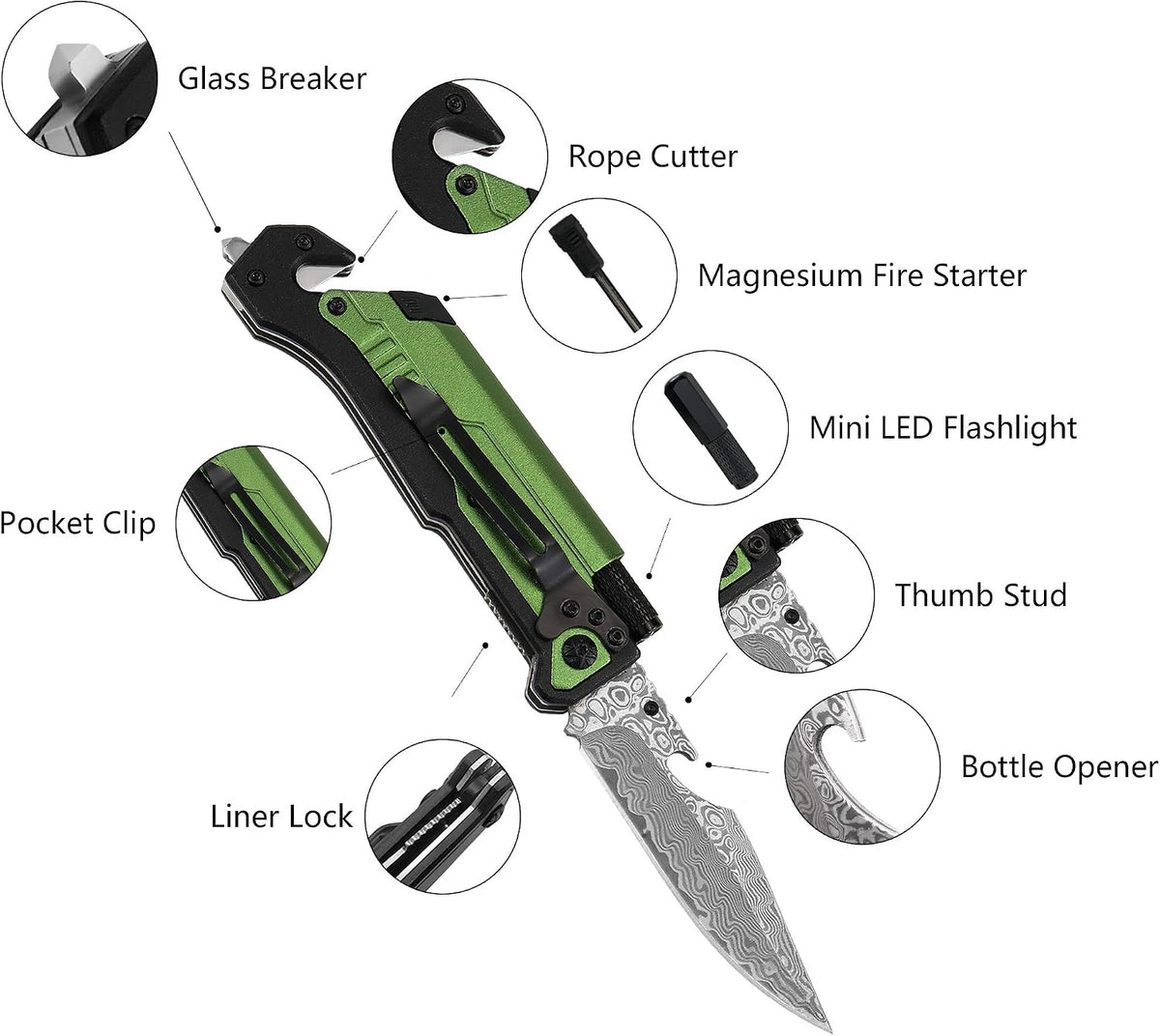 6-in-1 Survival Tactical Military Folding Pocket Knife, Black | Knives with LED Light, Seatbelt Cutter, Glass Breaker, Magnesium Fire Starter, Bottle Opener, Multi-Function Emergency Tool