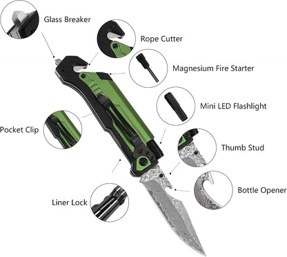 6-in-1 Survival Tactical Military Folding Pocket Knife, Black | Knives with LED Light, Seatbelt Cutter, Glass Breaker, Magnesium Fire Starter, Bottle Opener, Multi-Function Emergency Tool