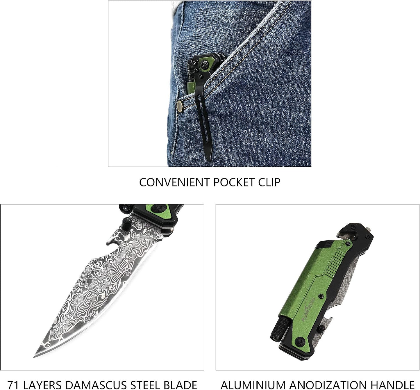 6-in-1 Survival Tactical Military Folding Pocket Knife, Black | Knives with LED Light, Seatbelt Cutter, Glass Breaker, Magnesium Fire Starter, Bottle Opener, Multi-Function Emergency Tool
