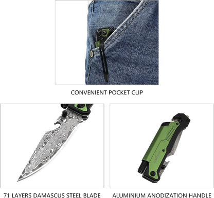 6-in-1 Survival Tactical Military Folding Pocket Knife, Black | Knives with LED Light, Seatbelt Cutter, Glass Breaker, Magnesium Fire Starter, Bottle Opener, Multi-Function Emergency Tool