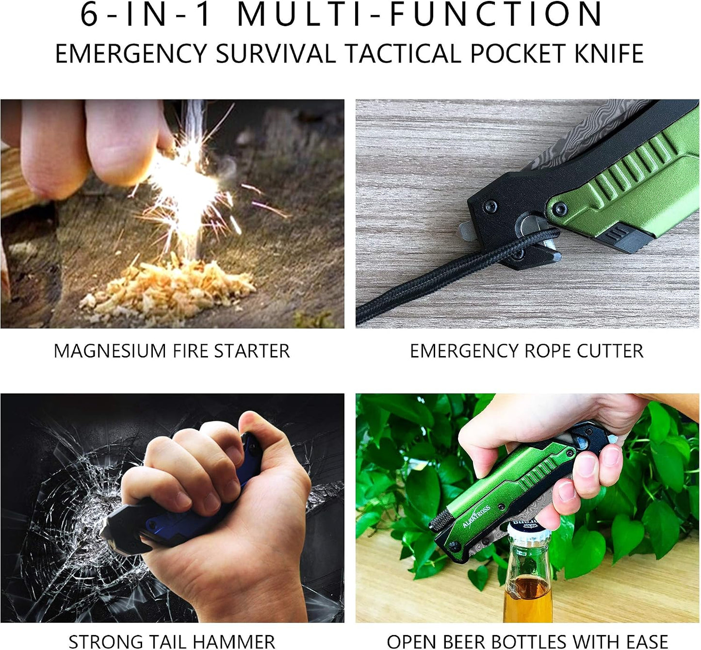 6-in-1 Survival Tactical Military Folding Pocket Knife, Black | Knives with LED Light, Seatbelt Cutter, Glass Breaker, Magnesium Fire Starter, Bottle Opener, Multi-Function Emergency Tool