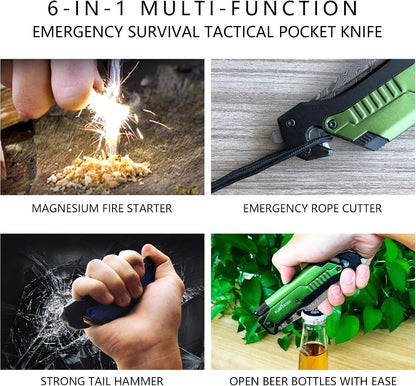 6-in-1 Survival Tactical Military Folding Pocket Knife, Black | Knives with LED Light, Seatbelt Cutter, Glass Breaker, Magnesium Fire Starter, Bottle Opener, Multi-Function Emergency Tool