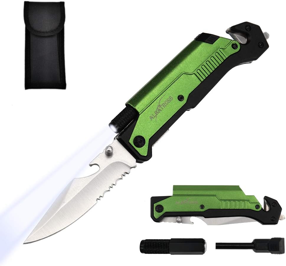 6-in-1 Survival Tactical Military Folding Pocket Knife, Black | Knives with LED Light, Seatbelt Cutter, Glass Breaker, Magnesium Fire Starter, Bottle Opener, Multi-Function Emergency Tool