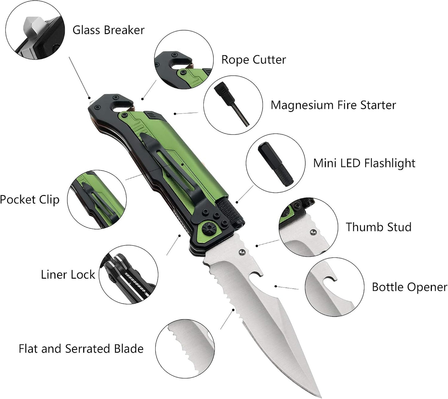 6-in-1 Survival Tactical Military Folding Pocket Knife, Black | Knives with LED Light, Seatbelt Cutter, Glass Breaker, Magnesium Fire Starter, Bottle Opener, Multi-Function Emergency Tool