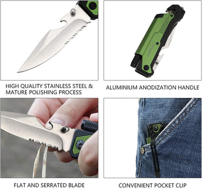 6-in-1 Survival Tactical Military Folding Pocket Knife, Black | Knives with LED Light, Seatbelt Cutter, Glass Breaker, Magnesium Fire Starter, Bottle Opener, Multi-Function Emergency Tool