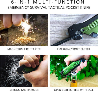 6-in-1 Survival Tactical Military Folding Pocket Knife, Black | Knives with LED Light, Seatbelt Cutter, Glass Breaker, Magnesium Fire Starter, Bottle Opener, Multi-Function Emergency Tool