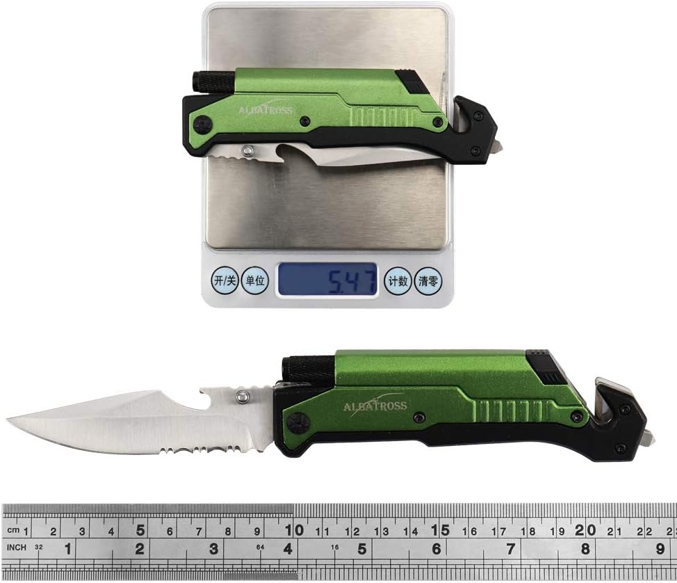 6-in-1 Survival Tactical Military Folding Pocket Knife, Black | Knives with LED Light, Seatbelt Cutter, Glass Breaker, Magnesium Fire Starter, Bottle Opener, Multi-Function Emergency Tool