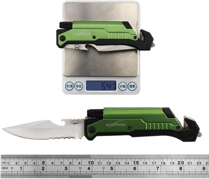 6-in-1 Survival Tactical Military Folding Pocket Knife, Black | Knives with LED Light, Seatbelt Cutter, Glass Breaker, Magnesium Fire Starter, Bottle Opener, Multi-Function Emergency Tool