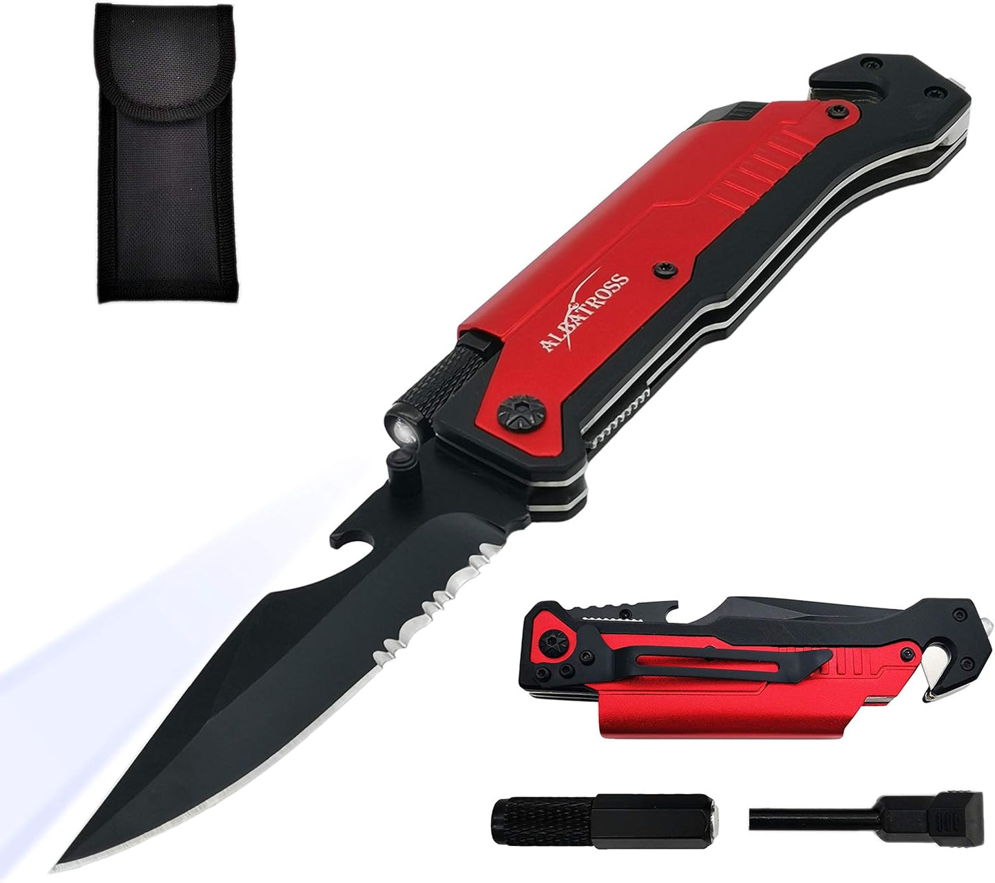 6-in-1 Survival Tactical Military Folding Pocket Knife, Black | Knives with LED Light, Seatbelt Cutter, Glass Breaker, Magnesium Fire Starter, Bottle Opener, Multi-Function Emergency Tool