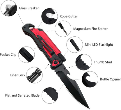 6-in-1 Survival Tactical Military Folding Pocket Knife, Black | Knives with LED Light, Seatbelt Cutter, Glass Breaker, Magnesium Fire Starter, Bottle Opener, Multi-Function Emergency Tool
