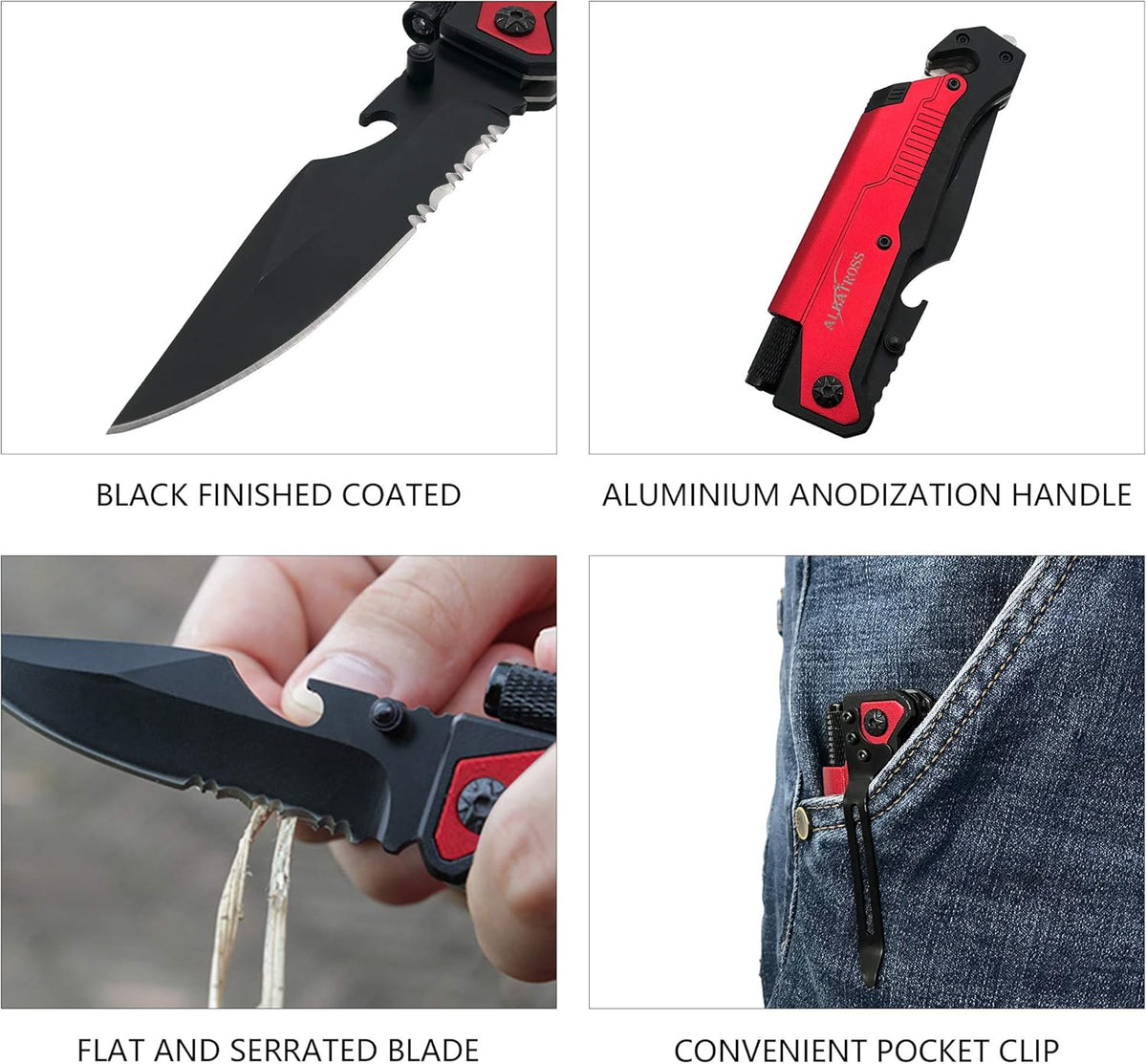 6-in-1 Survival Tactical Military Folding Pocket Knife, Black | Knives with LED Light, Seatbelt Cutter, Glass Breaker, Magnesium Fire Starter, Bottle Opener, Multi-Function Emergency Tool