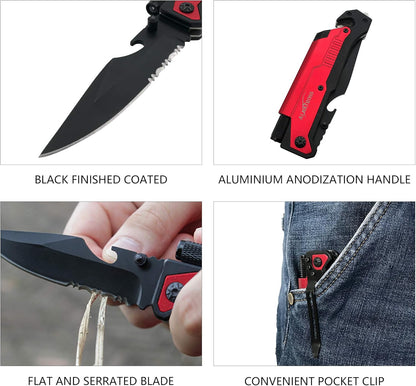 6-in-1 Survival Tactical Military Folding Pocket Knife, Black | Knives with LED Light, Seatbelt Cutter, Glass Breaker, Magnesium Fire Starter, Bottle Opener, Multi-Function Emergency Tool