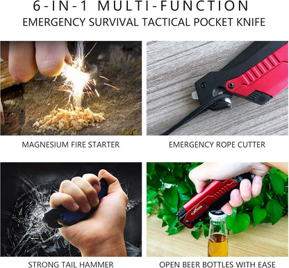 6-in-1 Survival Tactical Military Folding Pocket Knife, Black | Knives with LED Light, Seatbelt Cutter, Glass Breaker, Magnesium Fire Starter, Bottle Opener, Multi-Function Emergency Tool