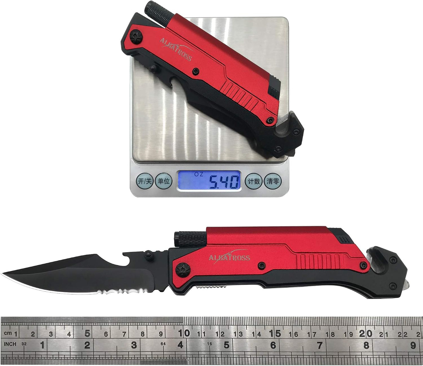 6-in-1 Survival Tactical Military Folding Pocket Knife, Black | Knives with LED Light, Seatbelt Cutter, Glass Breaker, Magnesium Fire Starter, Bottle Opener, Multi-Function Emergency Tool