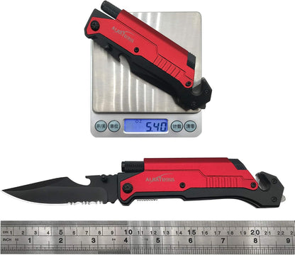 6-in-1 Survival Tactical Military Folding Pocket Knife, Black | Knives with LED Light, Seatbelt Cutter, Glass Breaker, Magnesium Fire Starter, Bottle Opener, Multi-Function Emergency Tool