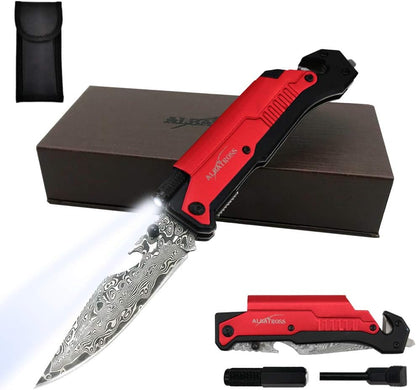 6-in-1 Survival Tactical Military Folding Pocket Knife, Black | Knives with LED Light, Seatbelt Cutter, Glass Breaker, Magnesium Fire Starter, Bottle Opener, Multi-Function Emergency Tool