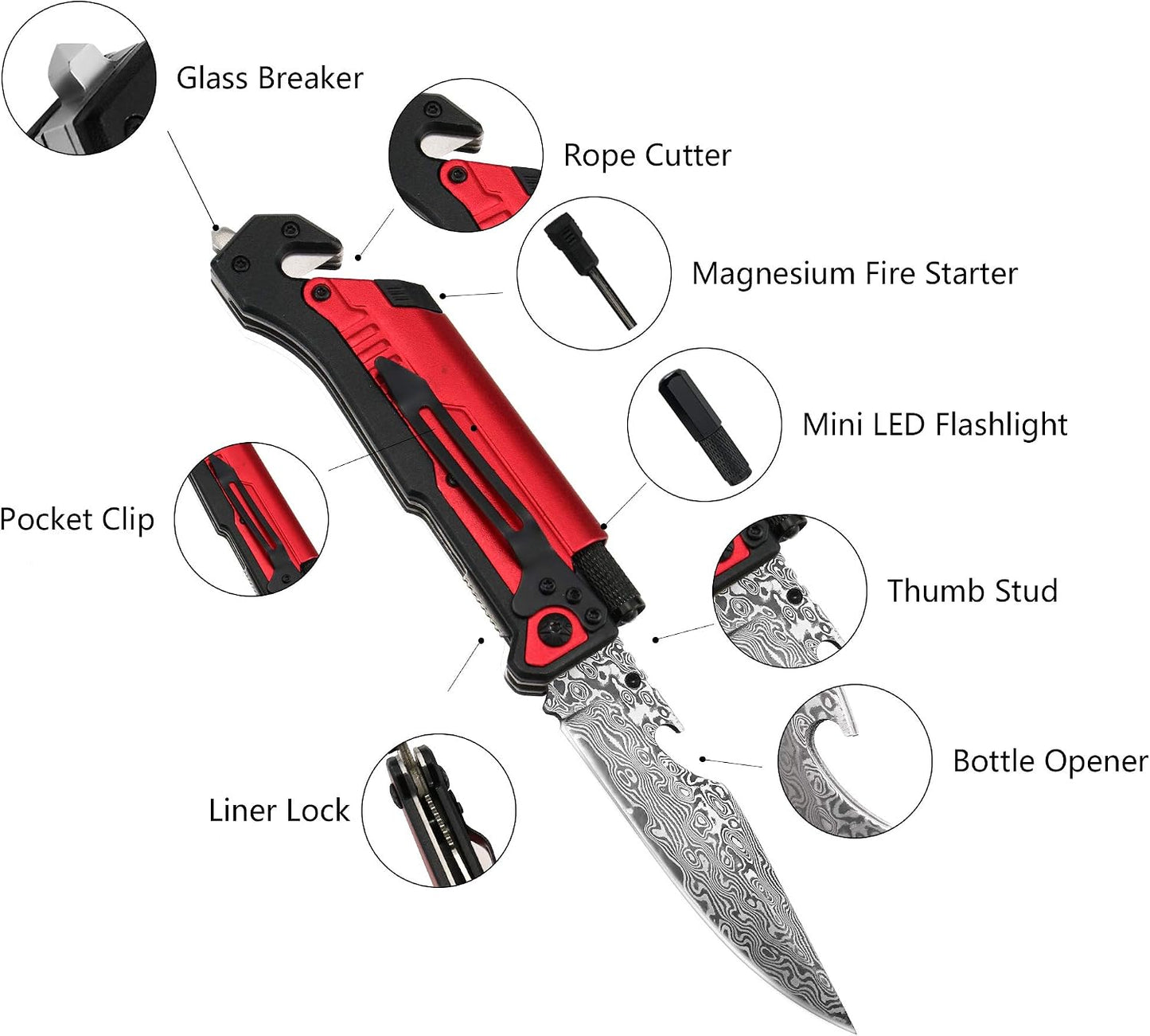 6-in-1 Survival Tactical Military Folding Pocket Knife, Black | Knives with LED Light, Seatbelt Cutter, Glass Breaker, Magnesium Fire Starter, Bottle Opener, Multi-Function Emergency Tool
