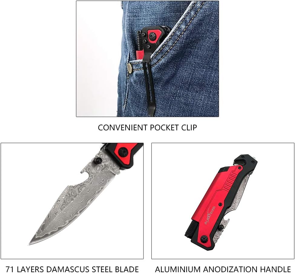 6-in-1 Survival Tactical Military Folding Pocket Knife, Black | Knives with LED Light, Seatbelt Cutter, Glass Breaker, Magnesium Fire Starter, Bottle Opener, Multi-Function Emergency Tool