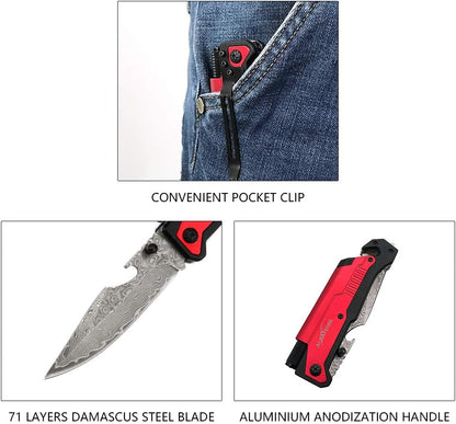 6-in-1 Survival Tactical Military Folding Pocket Knife, Black | Knives with LED Light, Seatbelt Cutter, Glass Breaker, Magnesium Fire Starter, Bottle Opener, Multi-Function Emergency Tool