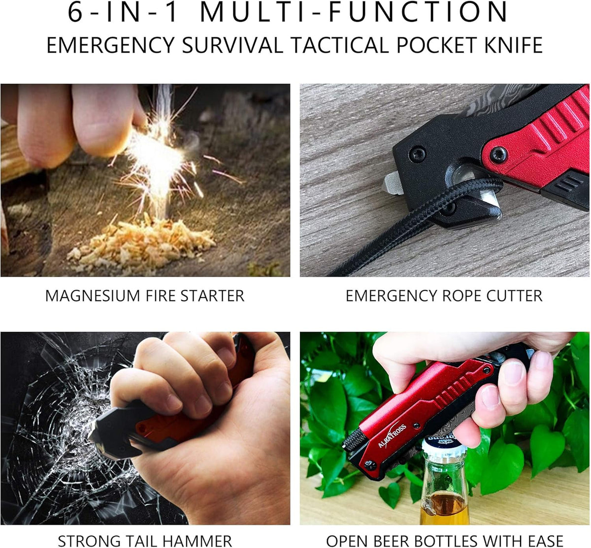 6-in-1 Survival Tactical Military Folding Pocket Knife, Black | Knives with LED Light, Seatbelt Cutter, Glass Breaker, Magnesium Fire Starter, Bottle Opener, Multi-Function Emergency Tool