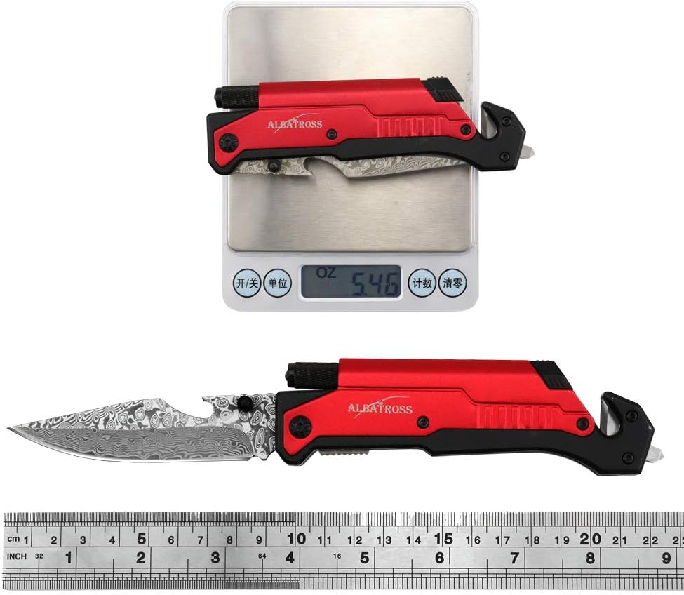 6-in-1 Survival Tactical Military Folding Pocket Knife, Black | Knives with LED Light, Seatbelt Cutter, Glass Breaker, Magnesium Fire Starter, Bottle Opener, Multi-Function Emergency Tool