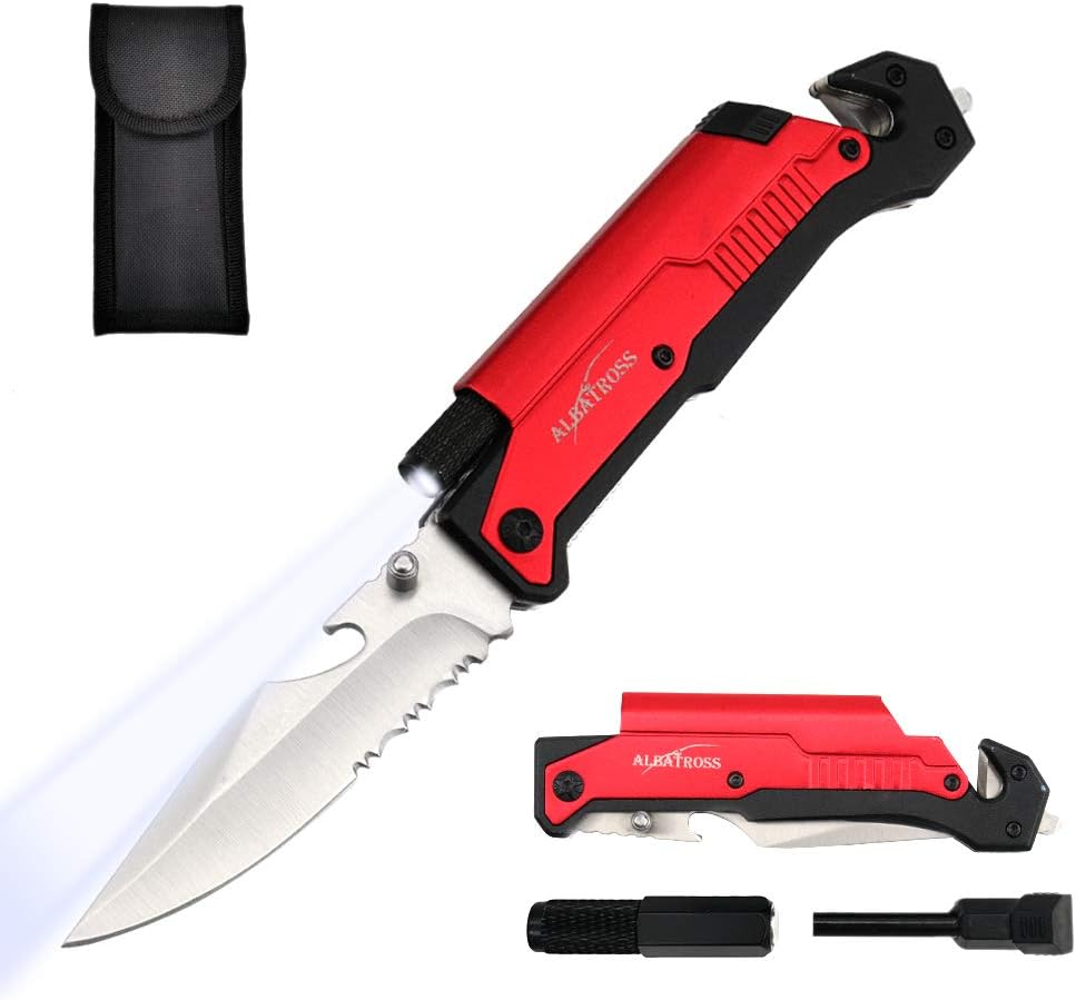 6-in-1 Survival Tactical Military Folding Pocket Knife, Black | Knives with LED Light, Seatbelt Cutter, Glass Breaker, Magnesium Fire Starter, Bottle Opener, Multi-Function Emergency Tool