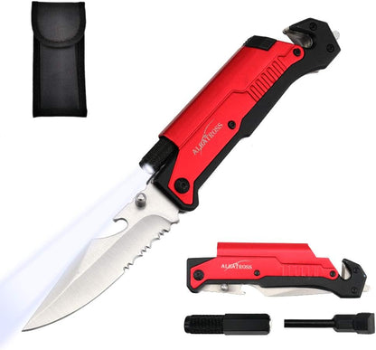 6-in-1 Survival Tactical Military Folding Pocket Knife, Black | Knives with LED Light, Seatbelt Cutter, Glass Breaker, Magnesium Fire Starter, Bottle Opener, Multi-Function Emergency Tool