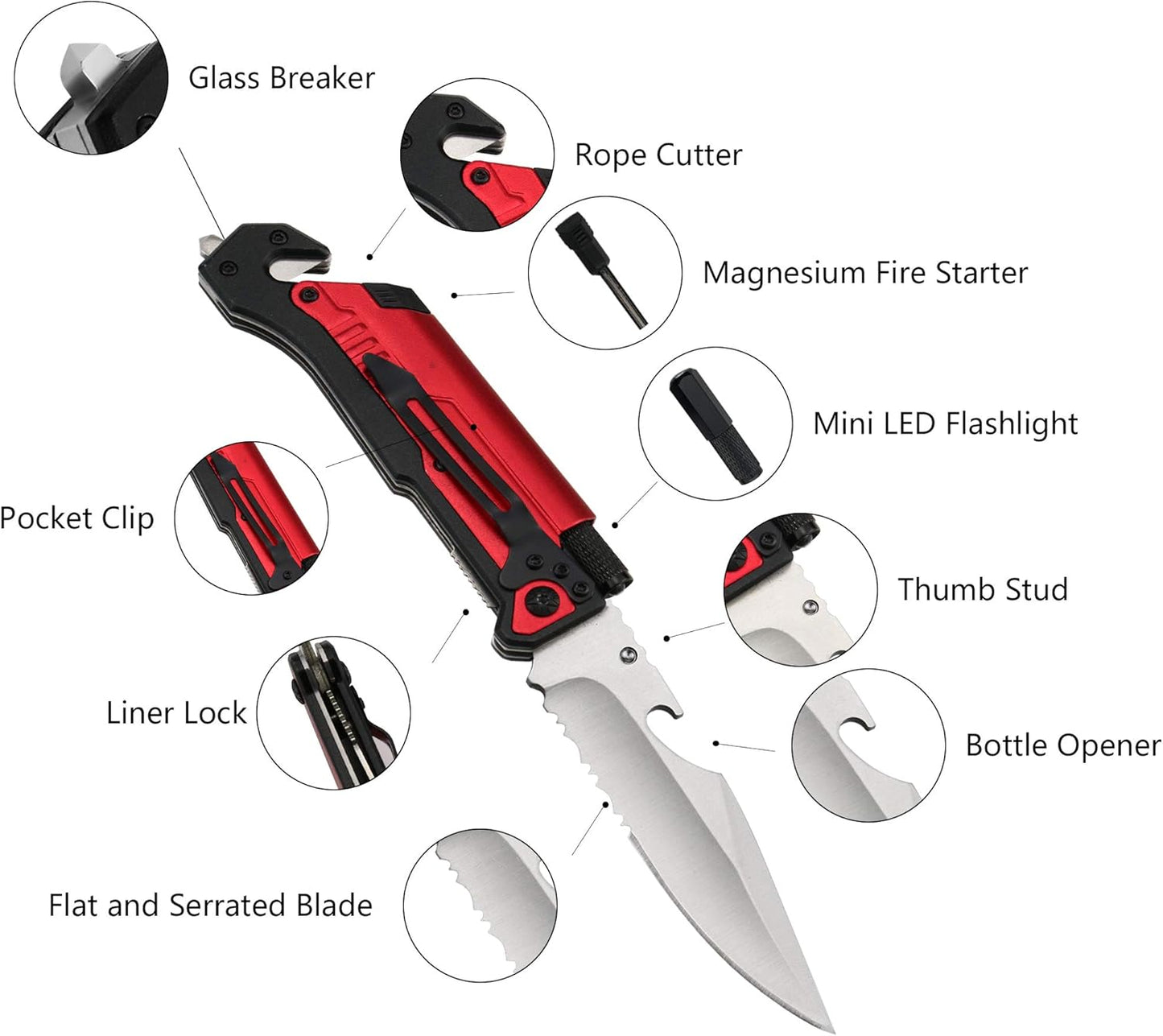 6-in-1 Survival Tactical Military Folding Pocket Knife, Black | Knives with LED Light, Seatbelt Cutter, Glass Breaker, Magnesium Fire Starter, Bottle Opener, Multi-Function Emergency Tool