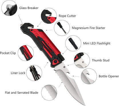 6-in-1 Survival Tactical Military Folding Pocket Knife, Black | Knives with LED Light, Seatbelt Cutter, Glass Breaker, Magnesium Fire Starter, Bottle Opener, Multi-Function Emergency Tool