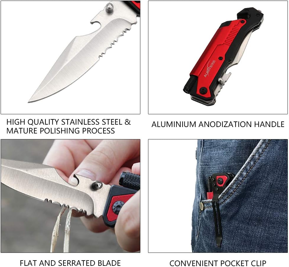 6-in-1 Survival Tactical Military Folding Pocket Knife, Black | Knives with LED Light, Seatbelt Cutter, Glass Breaker, Magnesium Fire Starter, Bottle Opener, Multi-Function Emergency Tool