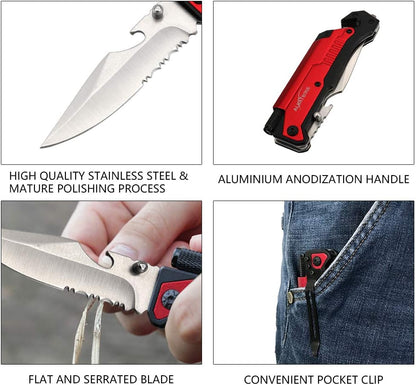 6-in-1 Survival Tactical Military Folding Pocket Knife, Black | Knives with LED Light, Seatbelt Cutter, Glass Breaker, Magnesium Fire Starter, Bottle Opener, Multi-Function Emergency Tool