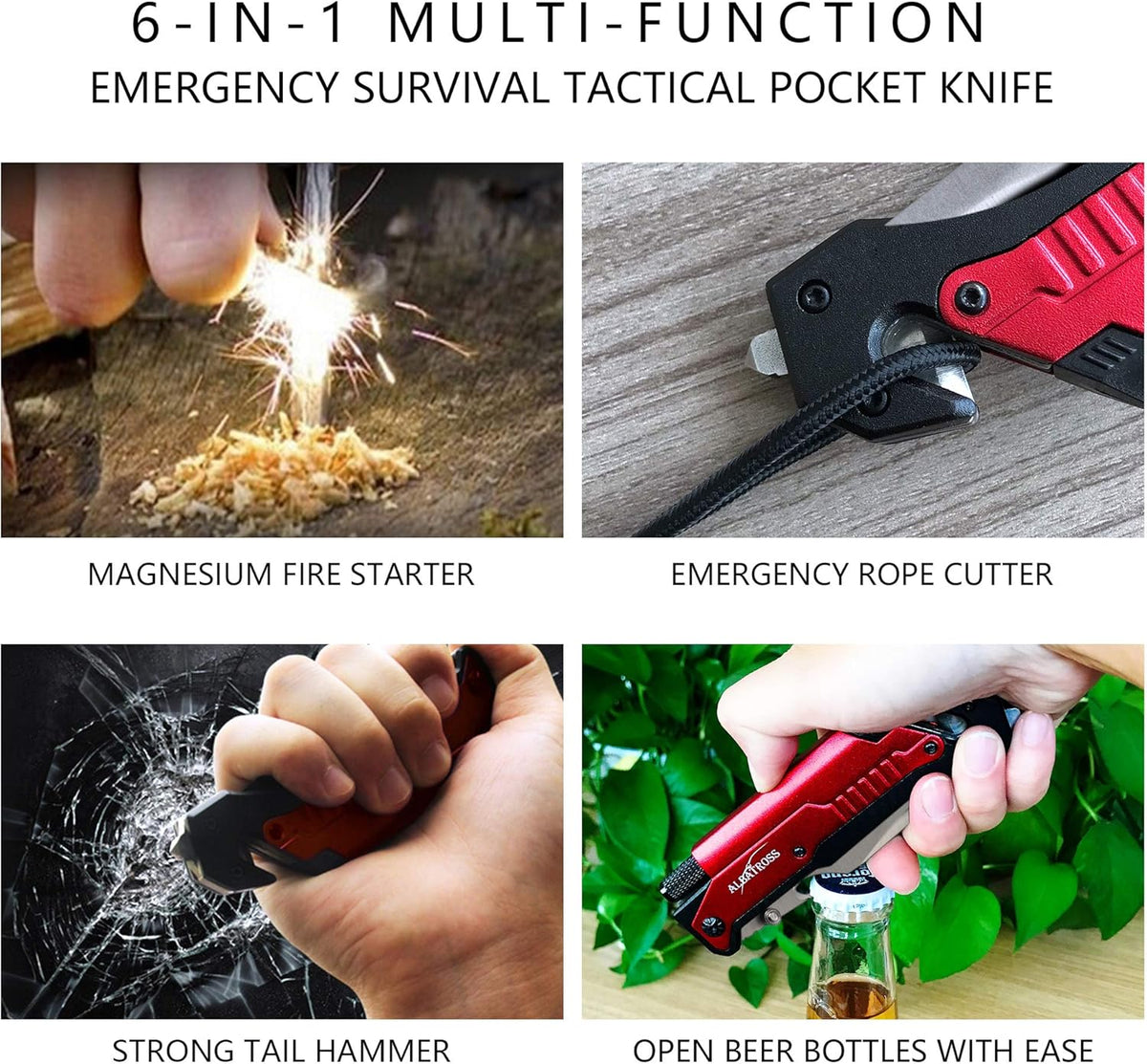 6-in-1 Survival Tactical Military Folding Pocket Knife, Black | Knives with LED Light, Seatbelt Cutter, Glass Breaker, Magnesium Fire Starter, Bottle Opener, Multi-Function Emergency Tool